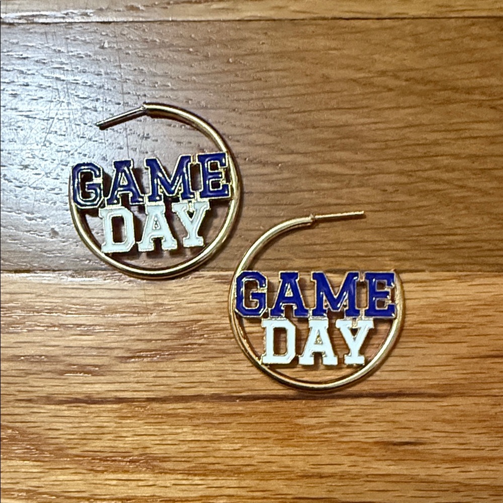 Gold Hoop Earrings with Blue and White 'Game Day' Design